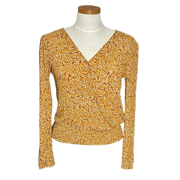 Hippie Rose Pullover V-neck Orange Floral Smocked Waist Long Sleeve Blouse SzS - Picture 1 of 9